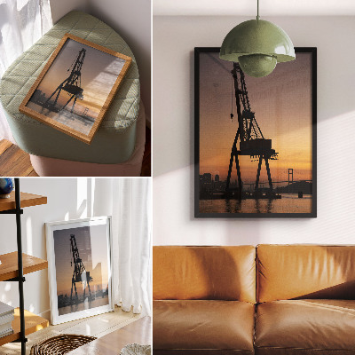 Poster silhouette di gru industriale tramonto ponte