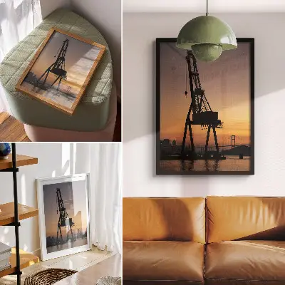 Poster silhouette di una gru industriale al tramonto su un ponte