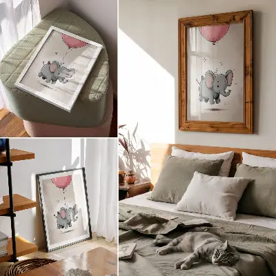 Poster elefante con palloncino rosa, gioia dei bambini