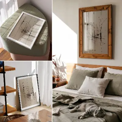 Stampa su tela sfondo beige con linee nere in stile astratto minimalista