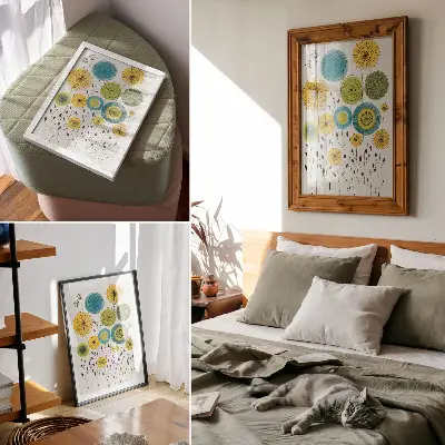 Stampa su tela con cerchi colorati e linee sottili in stile moderno