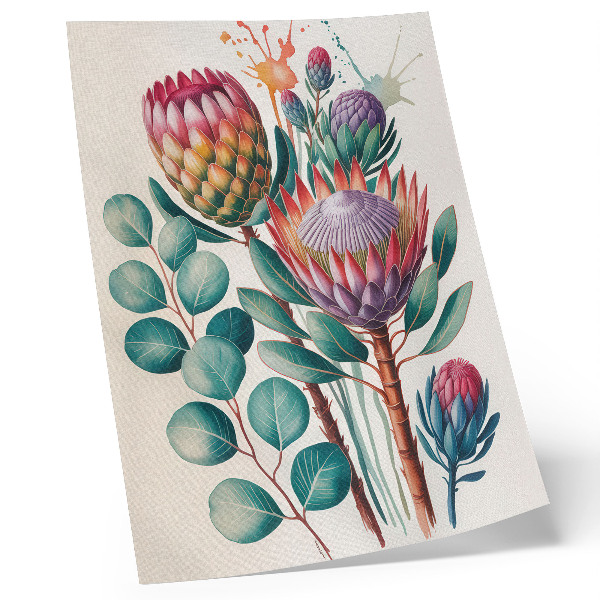Foto su tela Fiori di protea esotica con foglie verdi