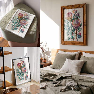 Foto su tela Fiori di protea esotica con foglie verdi