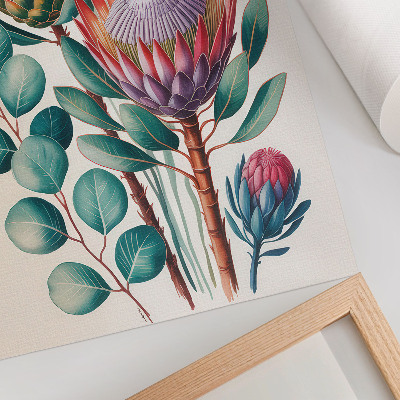 Foto su tela Fiori di protea esotica con foglie verdi