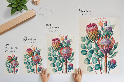 Foto su tela Fiori di protea esotica con foglie verdi