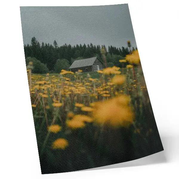 Stampa su tela cottage rustico nella foresta con fiori gialli sfocati