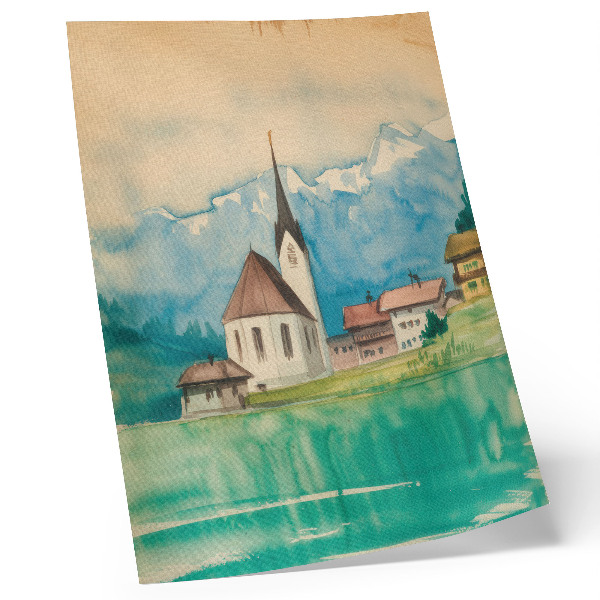 Foto su tela Chiesa in montagna, acquerello, pace, natura