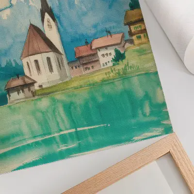 Foto su tela che ritrae una chiesa in montagna con tecnica ad acquerello ispirata alla pace della natura