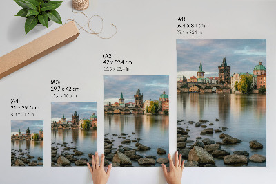 Poster Un pittoresco panorama della città con un ponte sul fiume.