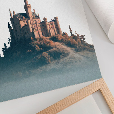 Foto su tela Castello su una collina con nebbia e testo