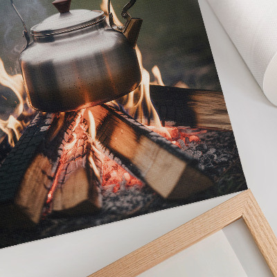 Foto su tela bollitore metallico fiamme di legno natura