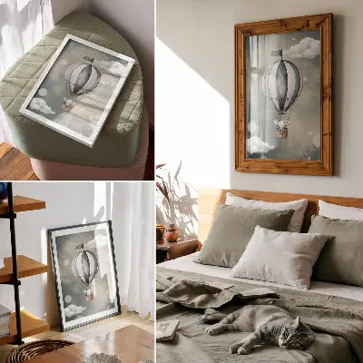 Poster con palloncino e nuvole dalle delicate sfumature di grigio