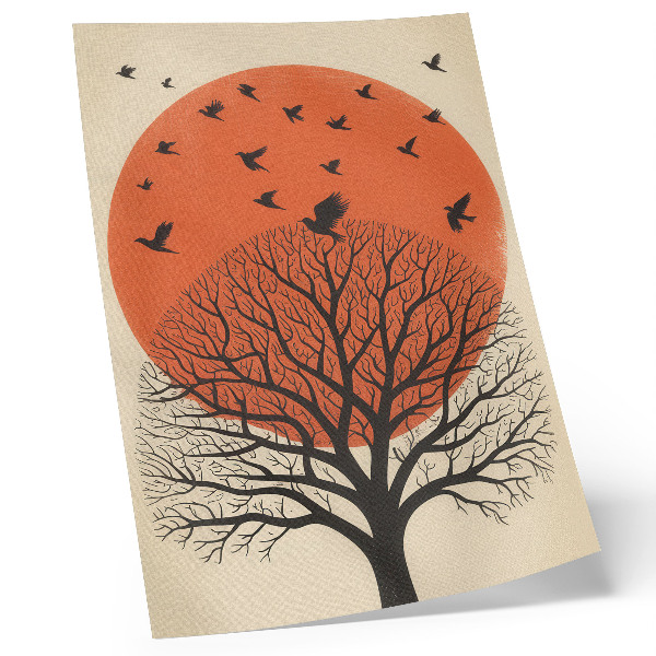 Foto su tela Motivo uccelli, albero e sole, stile minimalista
