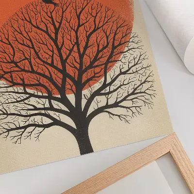 Foto su tela con motivo di uccelli, albero e sole in stile minimalista