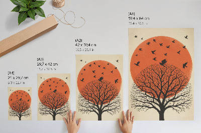 Foto su tela Motivo uccelli, albero e sole, stile minimalista