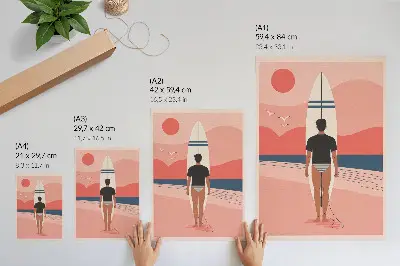 Poster con tavola da surf su spiaggia per relax e pace