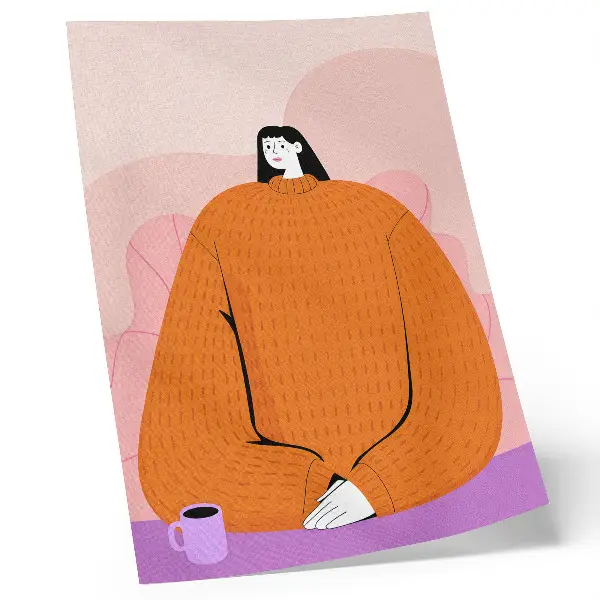 Foto su tela illustrazione di un personaggio con maglione arancione su sfondo rosa