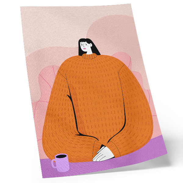 Foto su tela Illustrazione di un personaggio con un maglione arancione su sfondo rosa.