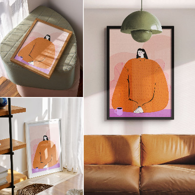 Foto su tela Illustrazione di un personaggio con un maglione arancione su sfondo rosa.