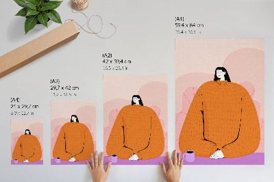 Foto su tela Illustrazione di un personaggio con un maglione arancione su sfondo rosa.