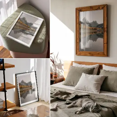 Poster lago tranquillo con alberi autunnali e riflesso sulle montagne