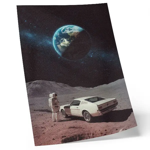 Foto su tela con astronauta sulla luna, auto, Terra e stelle