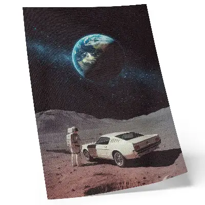 Foto su tela con astronauta sulla luna, auto, Terra e stelle