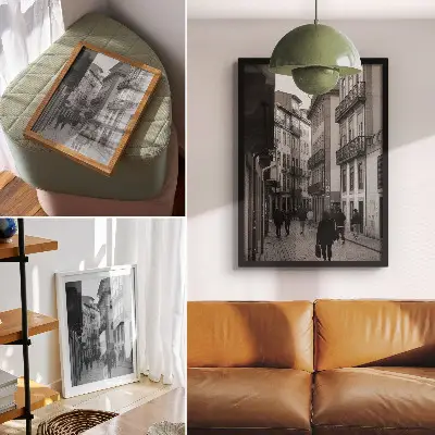 Stampa su tela architettura in bianco e nero con strada e persone
