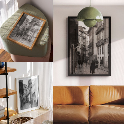Stampa su tela Architettura in bianco e nero e strada, persone