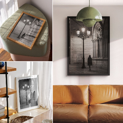 Foto su tela Architettura in bianco e nero con una lanterna nella notte
