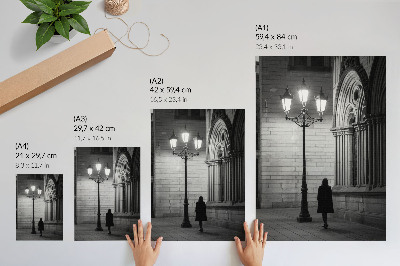 Foto su tela Architettura in bianco e nero con una lanterna nella notte