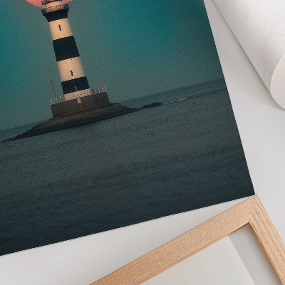 Foto su tela Faro e luna sul mare al tramonto