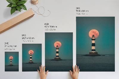 Foto su tela Faro e luna sul mare al tramonto