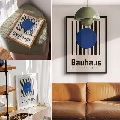 Poster con un grande cerchio blu su linee bianche e nere