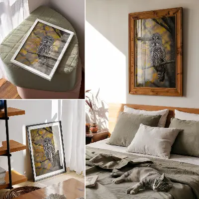 Poster gufo su un ramo con foglie gialle