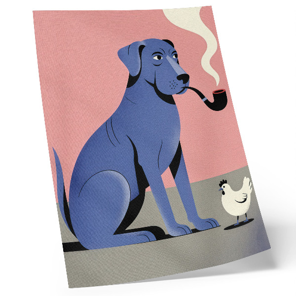 Stampa su tela Cane blu con gallina pipa su sfondo rosa