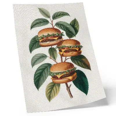 Poster con hamburger che crescono sui rami di un albero verde