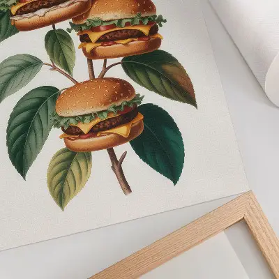 Poster con hamburger che crescono sui rami di un albero verde