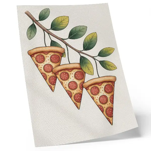 Stampa su tela con fette di pizza dai colori vivaci su un ramo d'albero