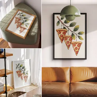 Stampa su tela con fette di pizza dai colori vivaci su un ramo d'albero