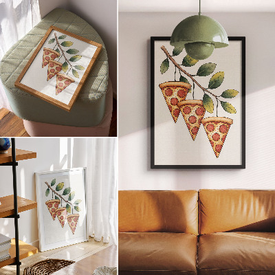 Stampa su tela Fette di pizza dai colori vivaci su un ramo d'albero.