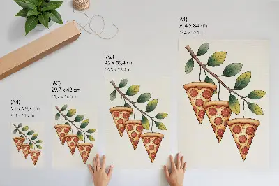 Stampa su tela con fette di pizza dai colori vivaci su un ramo d'albero