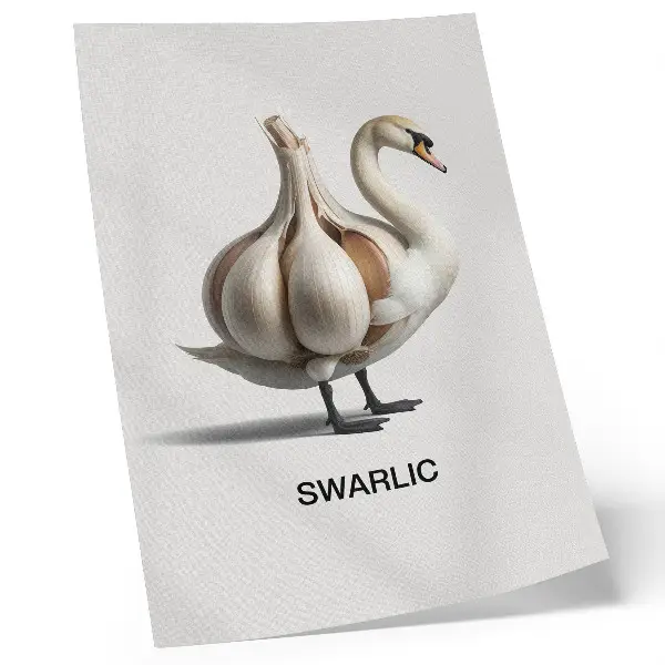Poster cigno in stile surrealista con aglio