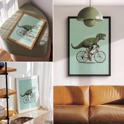 Foto su tela Dinosauro verde in bicicletta su sfondo turchese