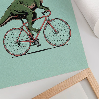 Foto su tela Dinosauro verde in bicicletta su sfondo turchese