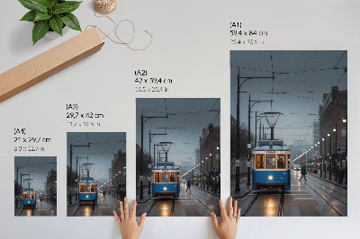 Stampa su tela Tram blu, vita cittadina in una giornata di pioggia