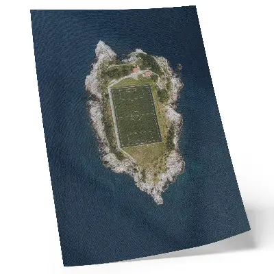 Poster raffigurante un campo da golf su un'isola circondata da un mare turchese