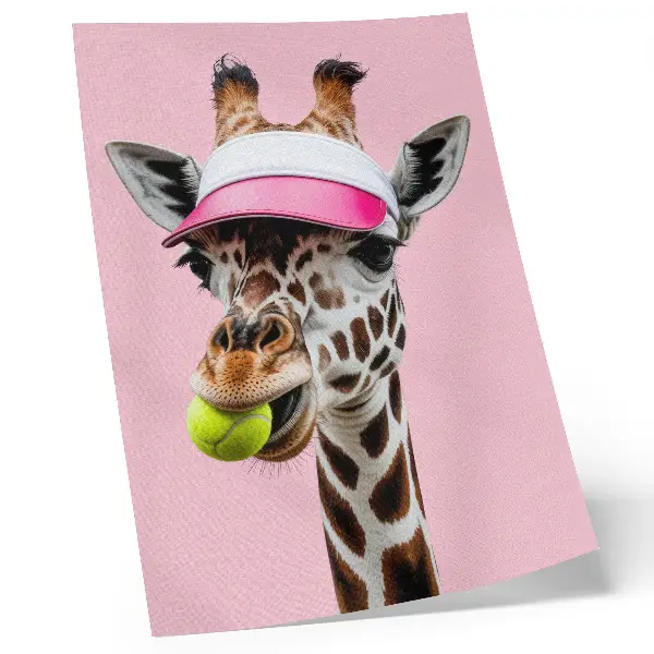 Poster raffigurante una giraffa buffa con un berretto e una pallina da tennis