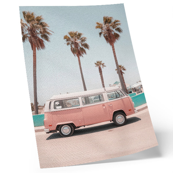 Poster Auto rosa, cielo blu, alte palme