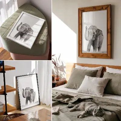Poster elefante monocromatico con proboscide alzata
